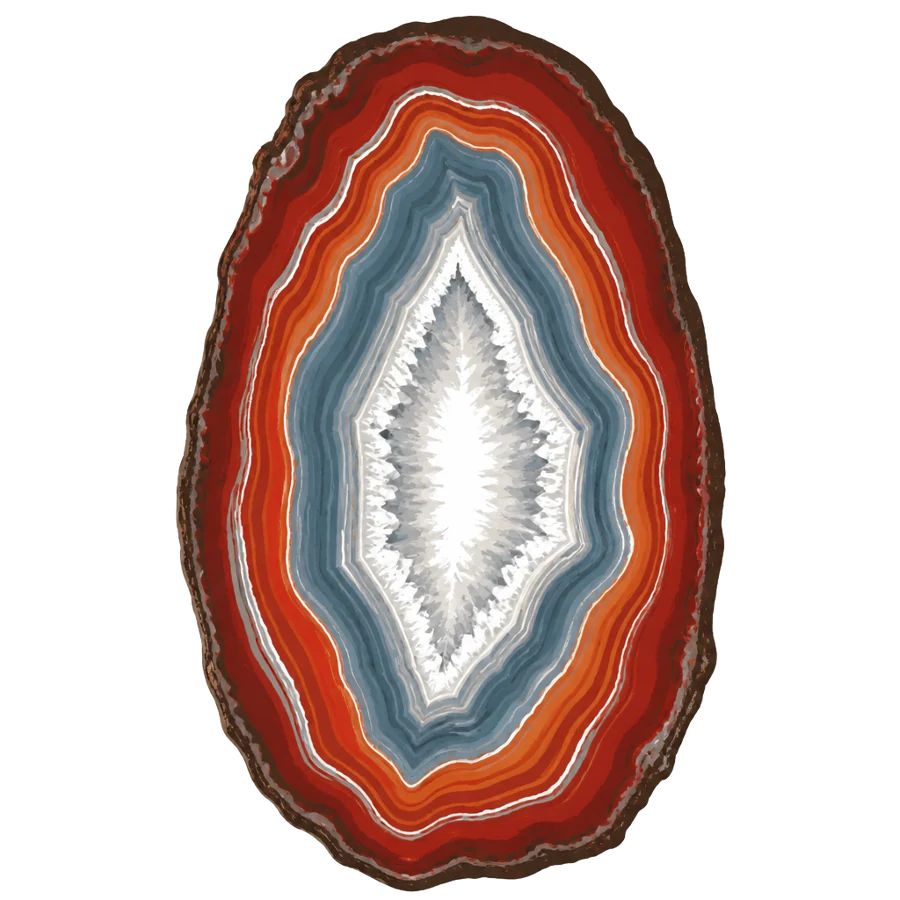 Tall sliced Lake Superior agate with red, orange and blue-gray banding and a crystal center