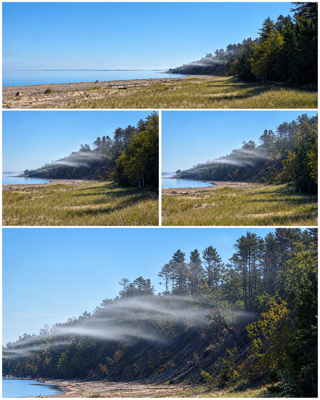 Collage of the Lake Superior shoreline in fog